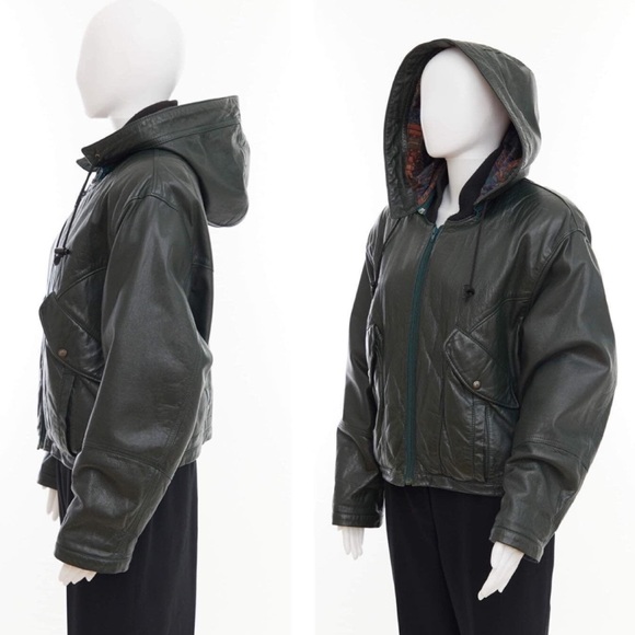 80’s Green leather bomber jacket with hoodie - Picture 1 of 9